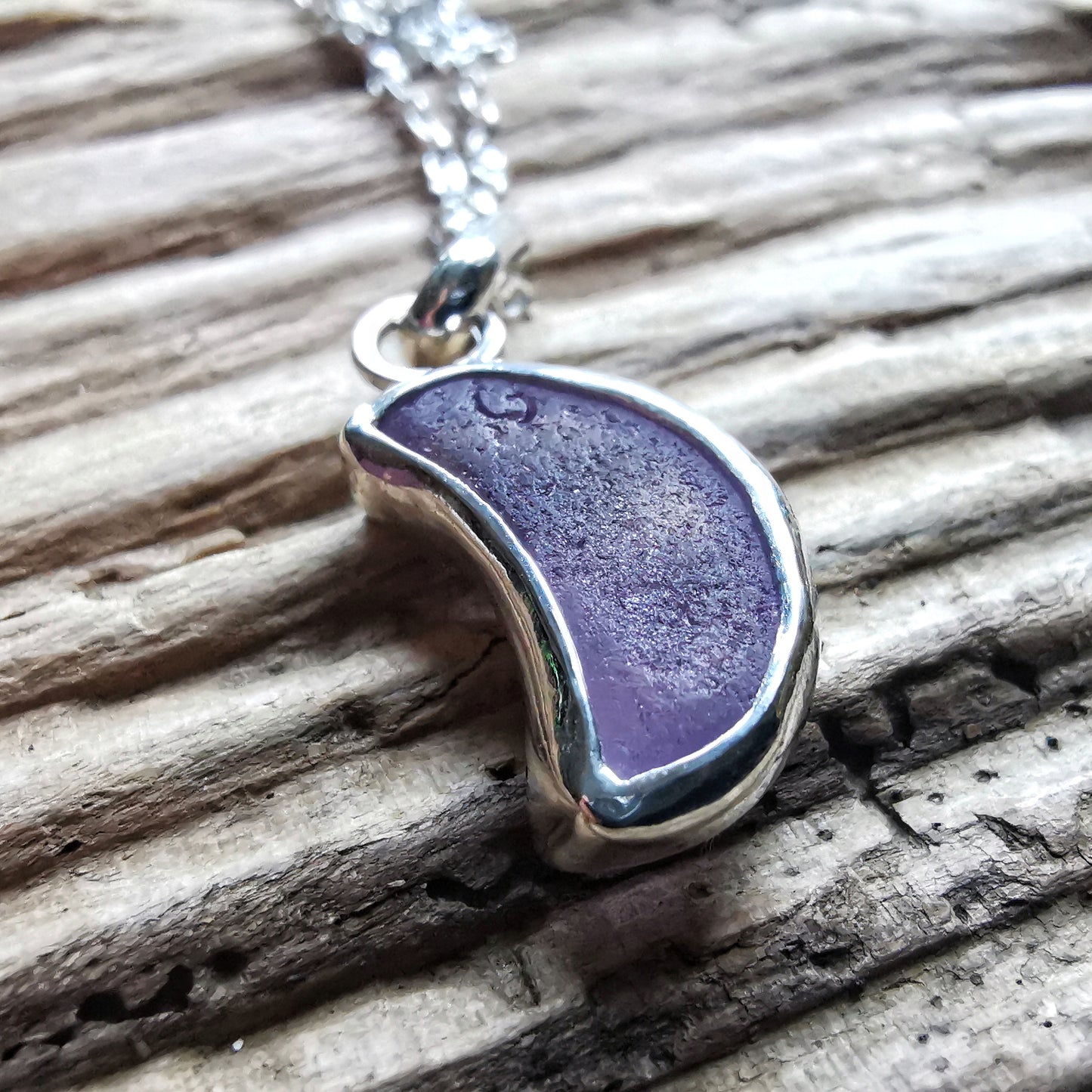 Scottish purple crescent moon sea glass & sterling silver pendant.