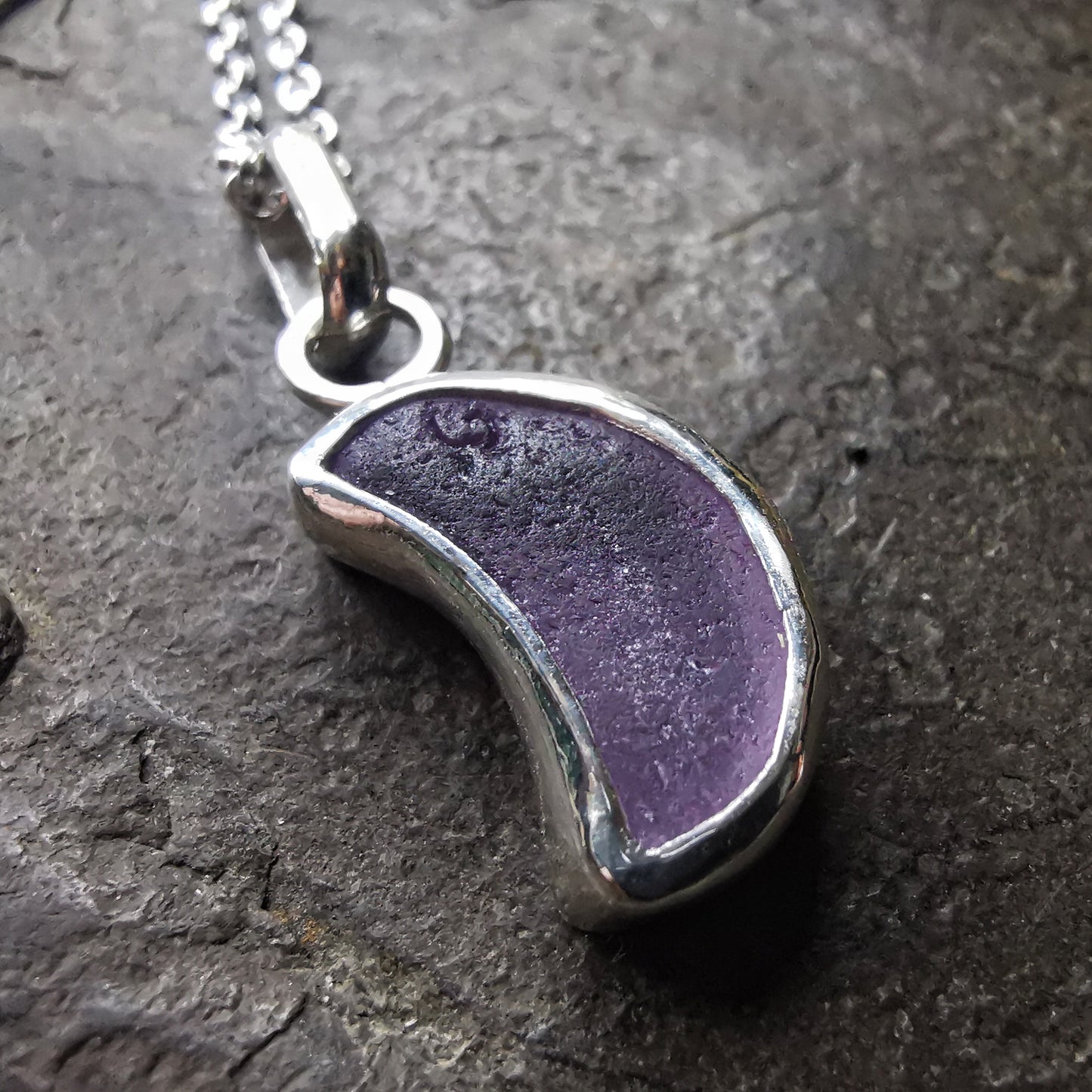 Scottish purple crescent moon sea glass & sterling silver pendant.