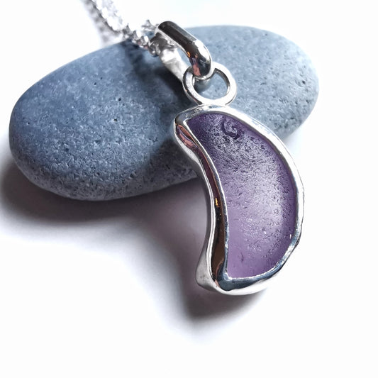 Scottish purple crescent moon sea glass & sterling silver pendant.