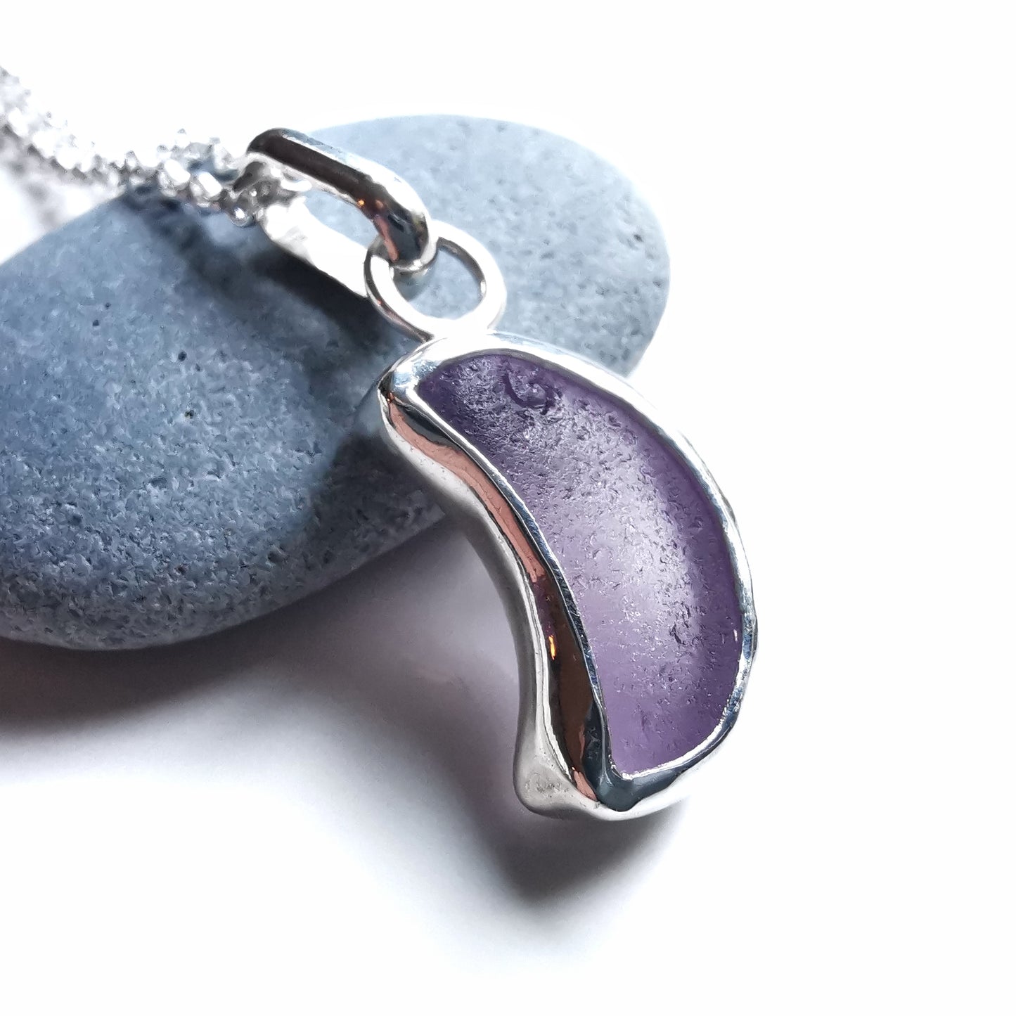 Scottish purple crescent moon sea glass & sterling silver pendant.