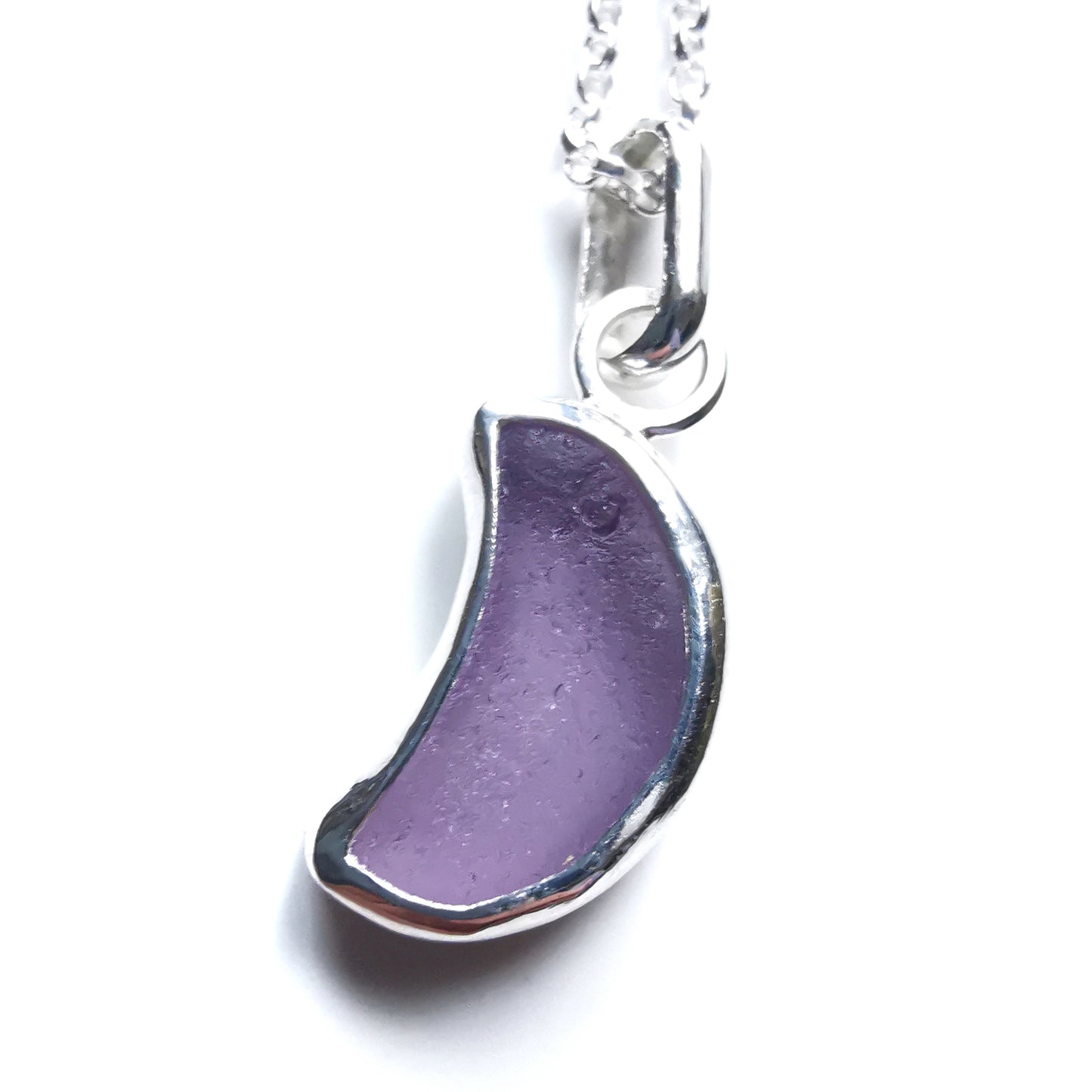 Scottish purple crescent moon sea glass & sterling silver pendant.