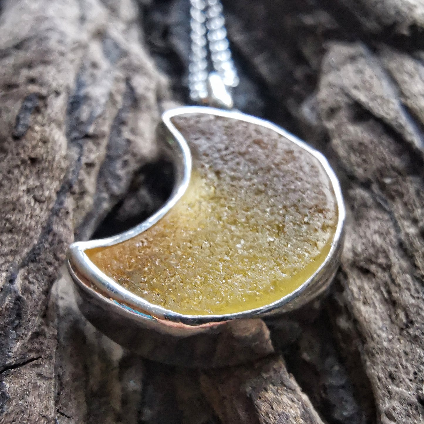 Scottish yellow crescent moon sea glass & sterling silver pendant.
