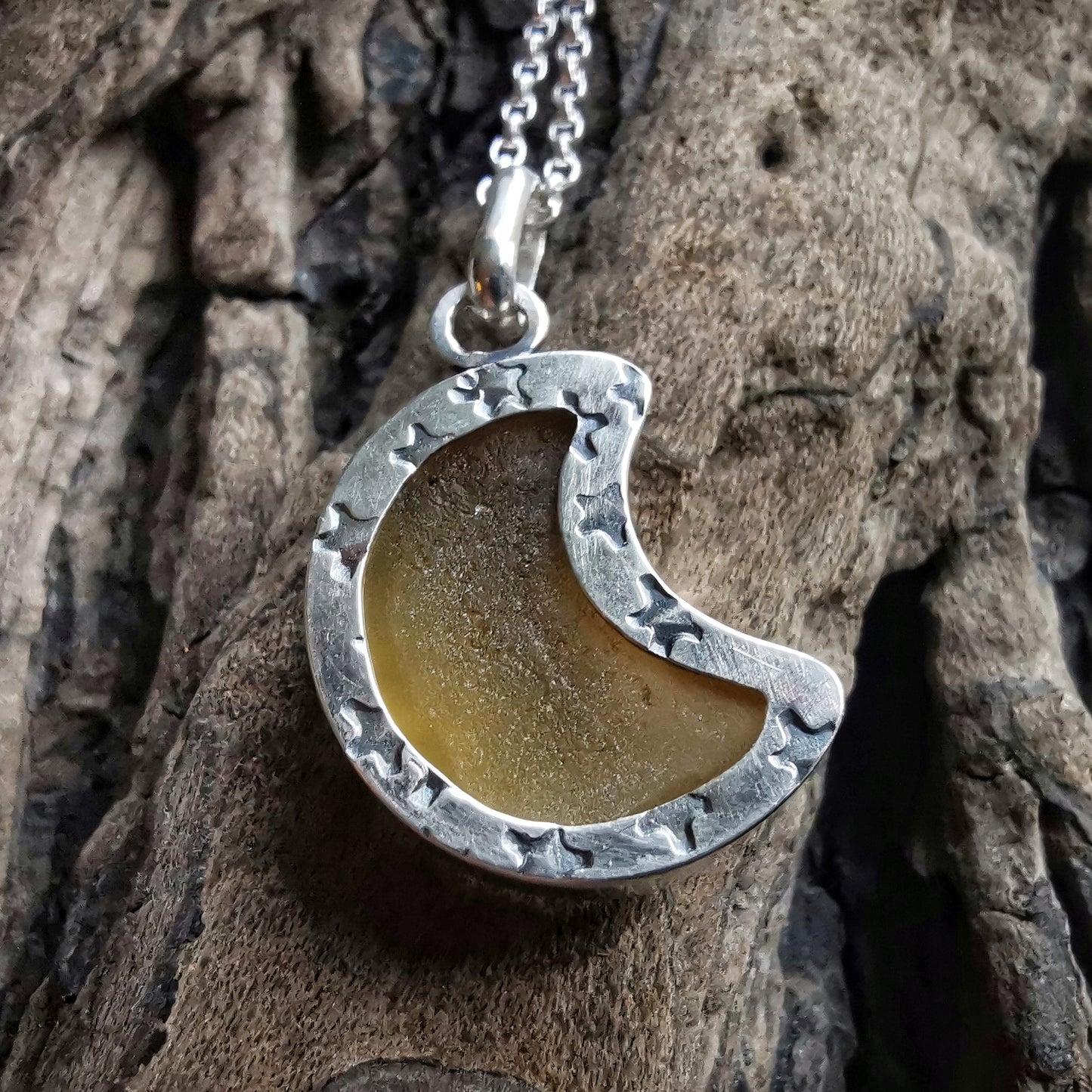 Scottish yellow crescent moon sea glass & sterling silver pendant.