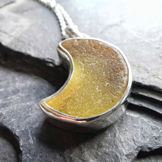 Scottish yellow crescent moon sea glass & sterling silver pendant.