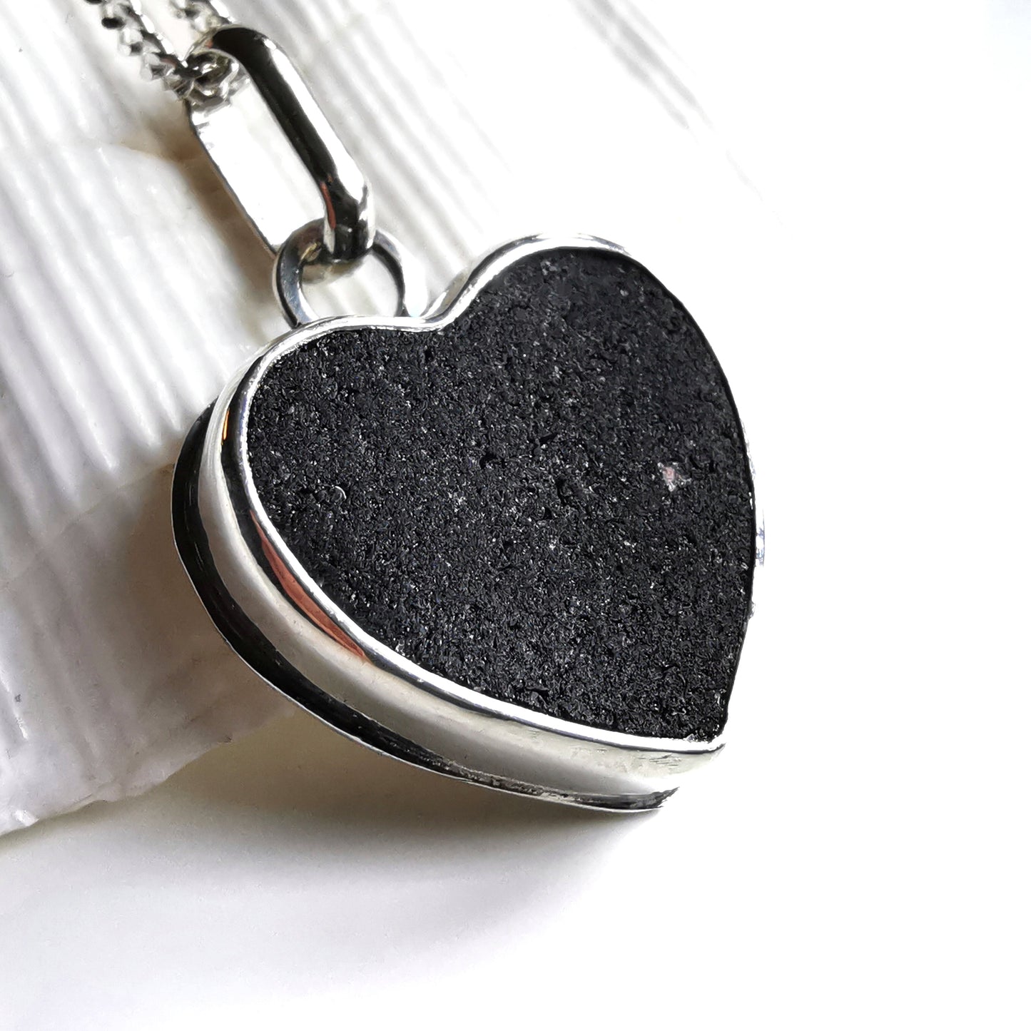 Scottish black sea glass heart & sterling silver pendant.