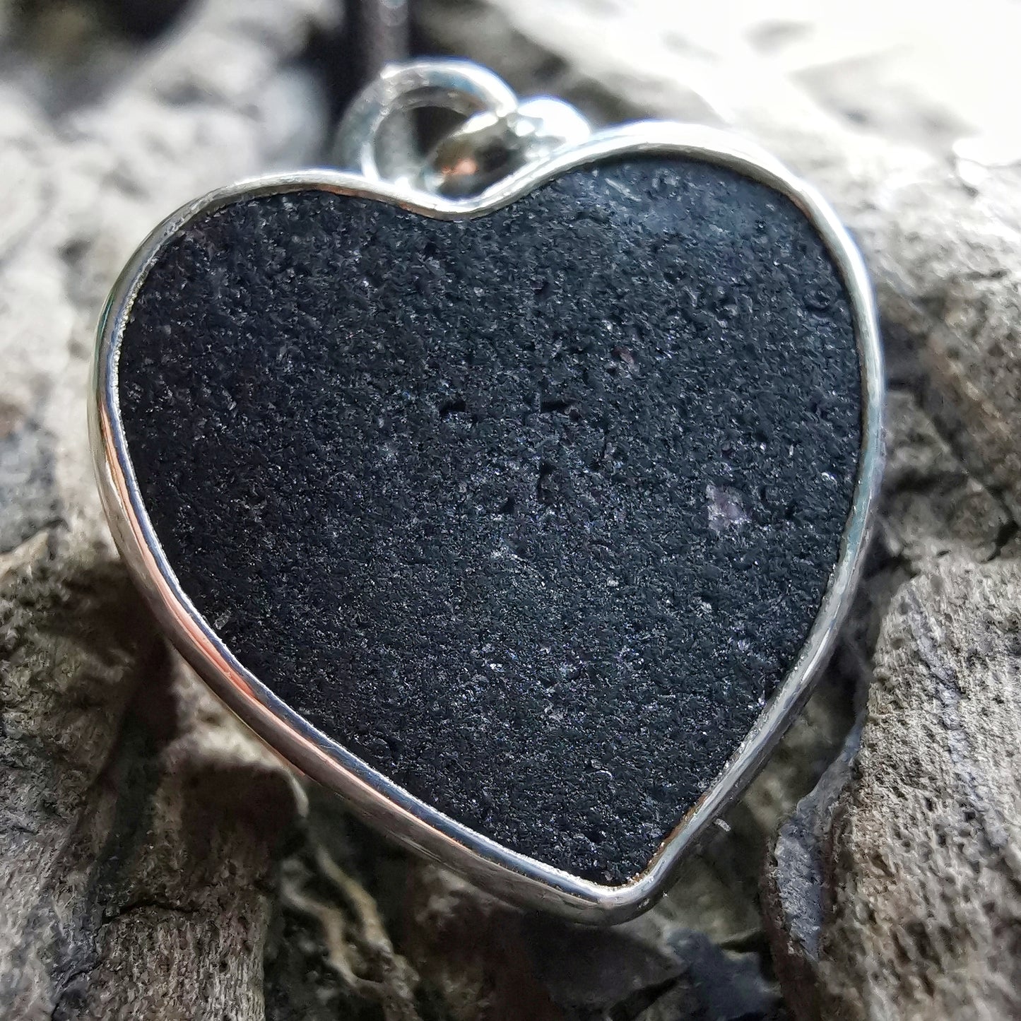 Scottish black sea glass heart & sterling silver pendant.