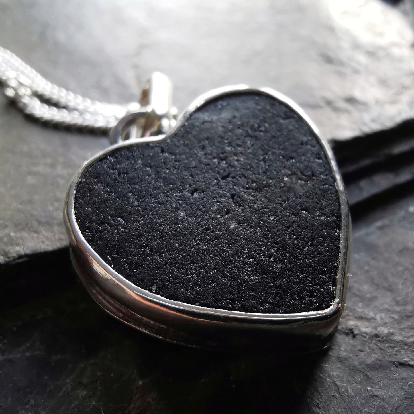 Scottish black sea glass heart & sterling silver pendant.