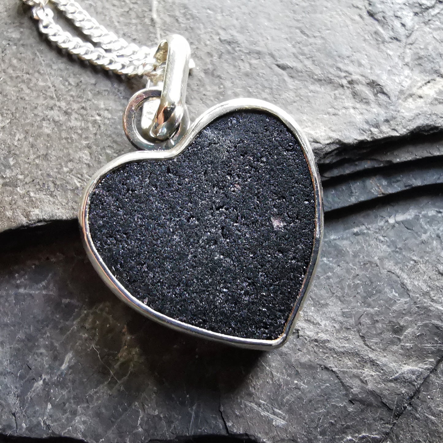 Scottish black sea glass heart & sterling silver pendant.