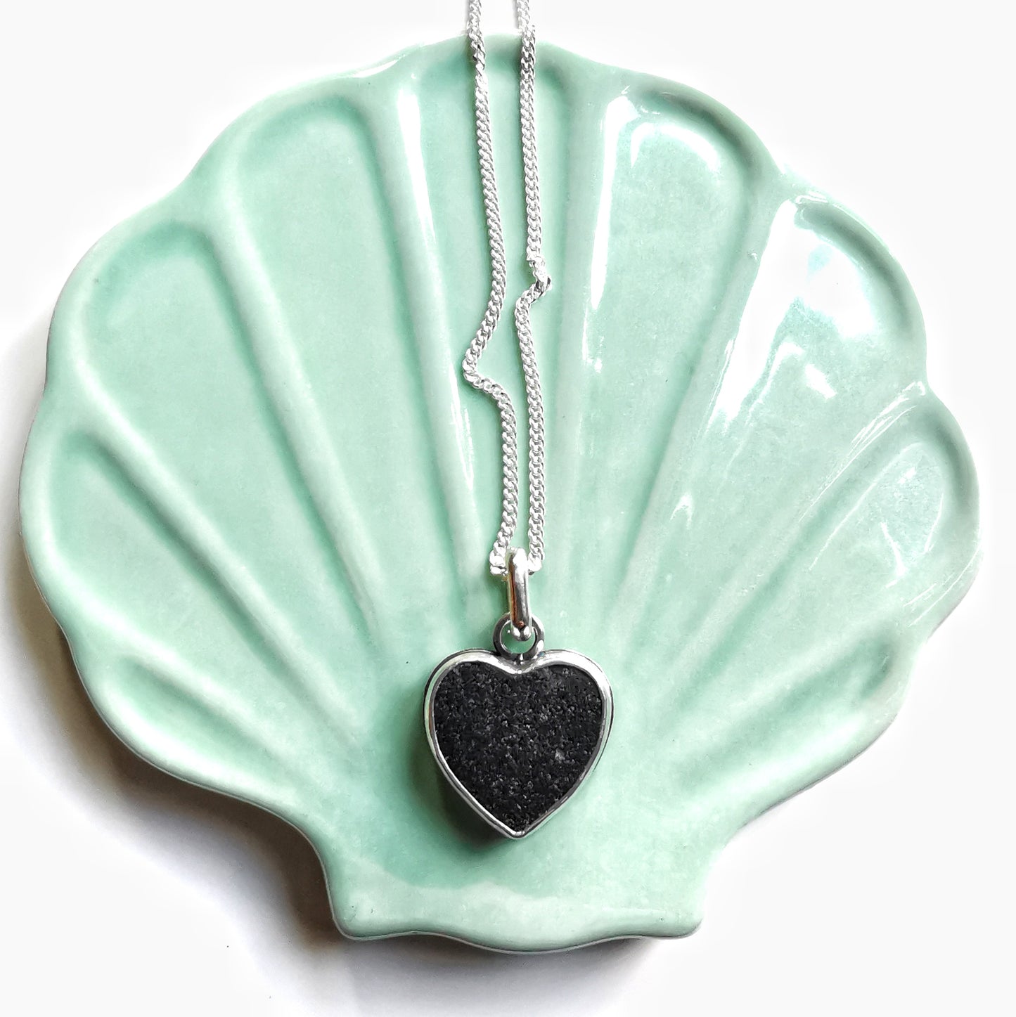 Scottish black sea glass heart & sterling silver pendant.