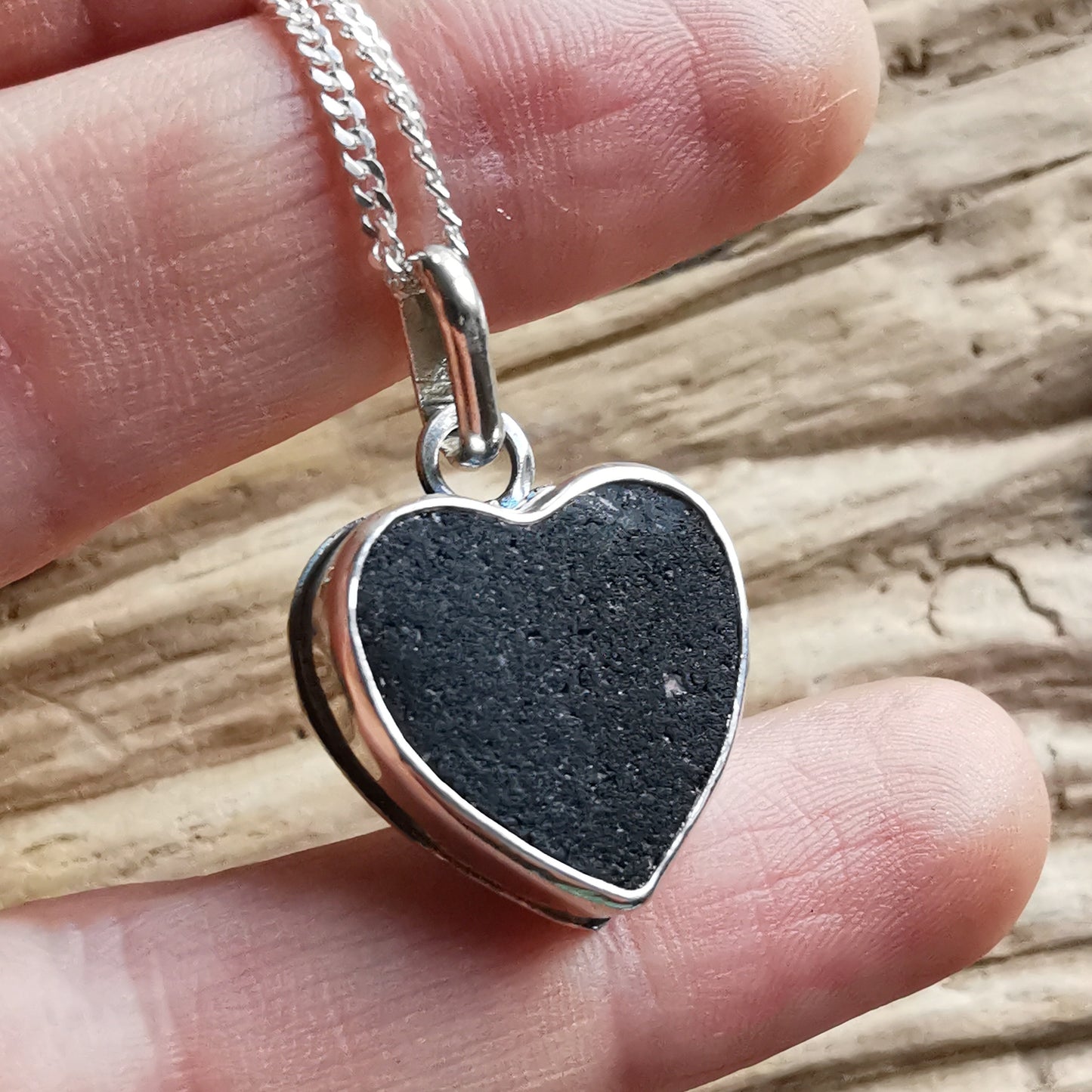 Scottish black sea glass heart & sterling silver pendant.