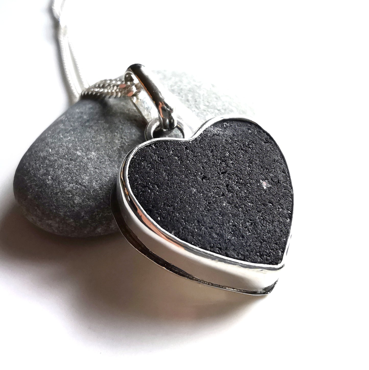 Scottish black sea glass heart & sterling silver pendant.