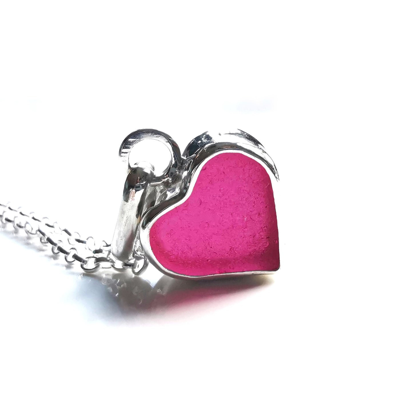 Magenta pink sea glass heart & sterling silver pendant.