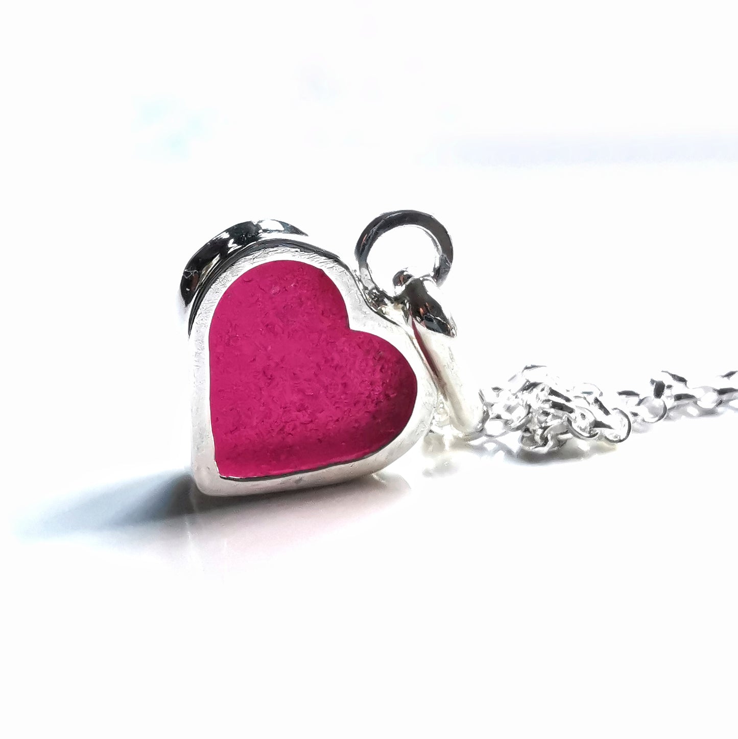 Magenta pink sea glass heart & sterling silver pendant.