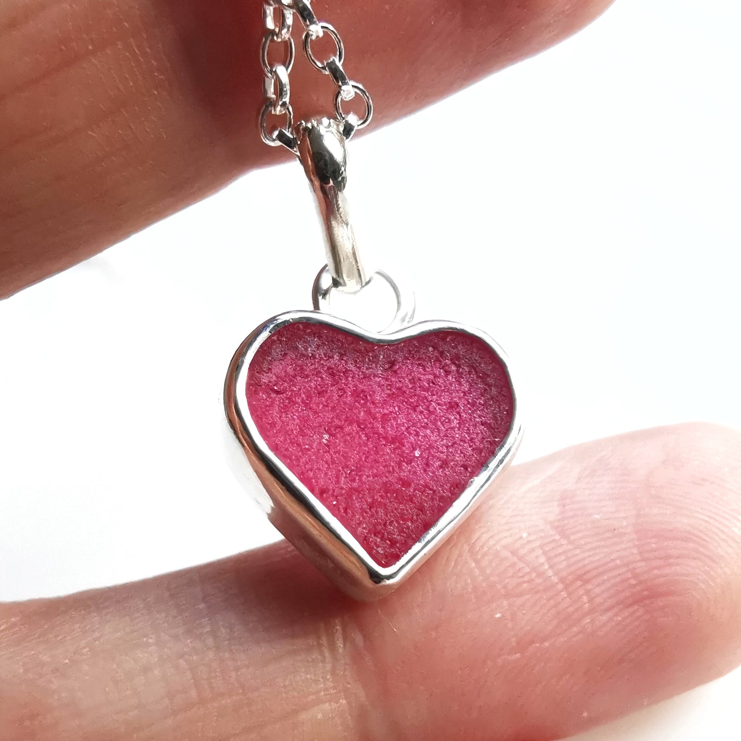 Magenta pink sea glass heart & sterling silver pendant.