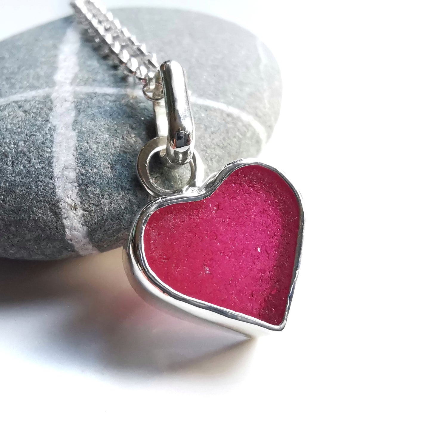 Magenta pink sea glass heart & sterling silver pendant.