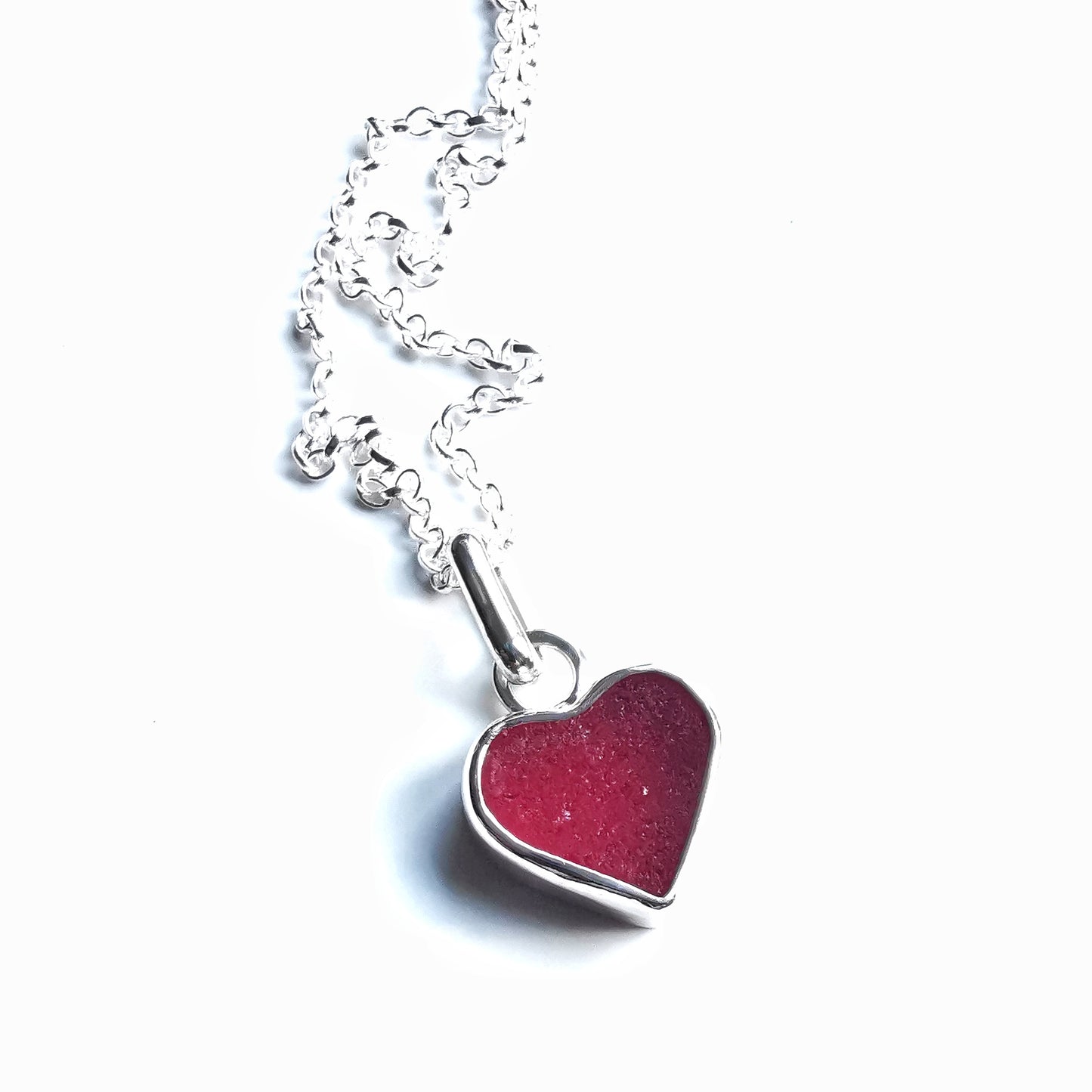 Magenta pink sea glass heart & sterling silver pendant.