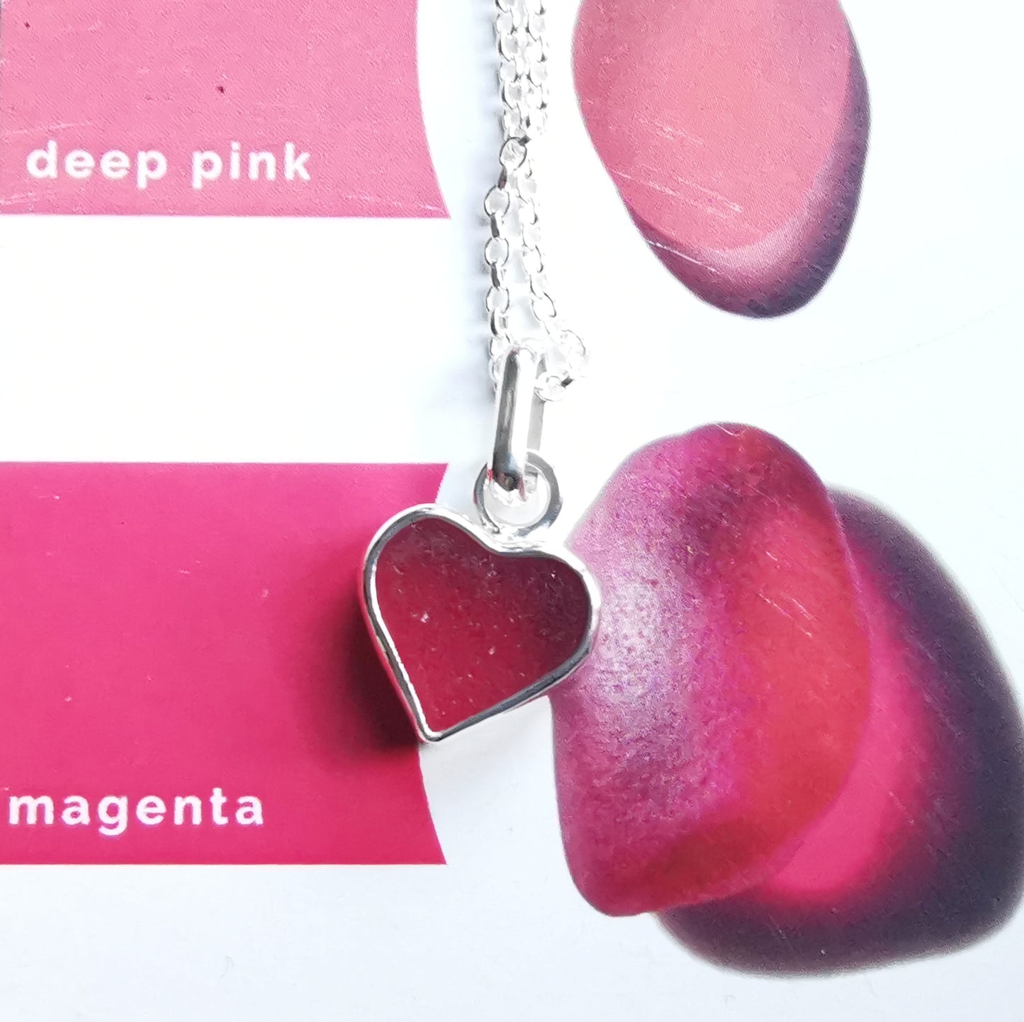 Magenta pink sea glass heart & sterling silver pendant.