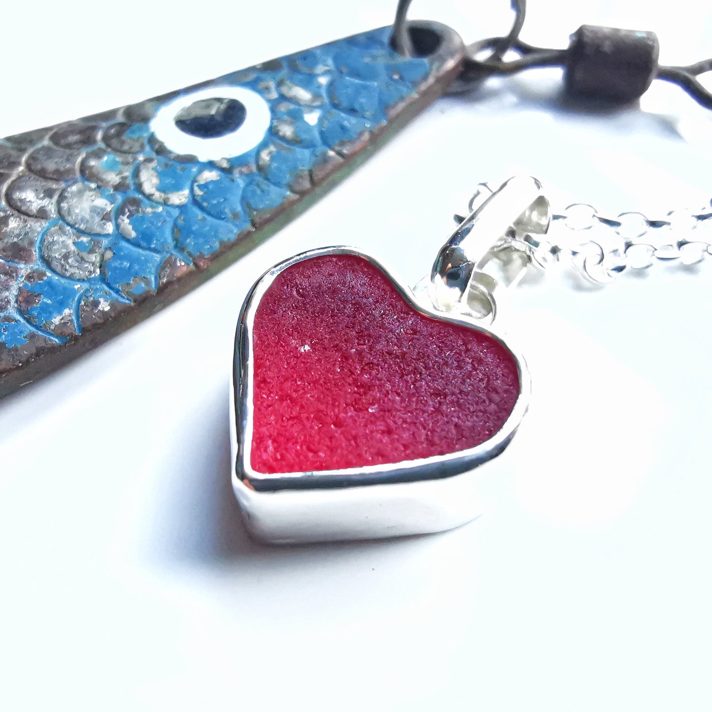 Magenta pink sea glass heart & sterling silver pendant.