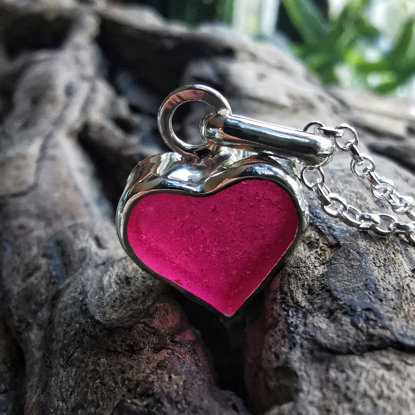 Magenta pink sea glass heart & sterling silver pendant.