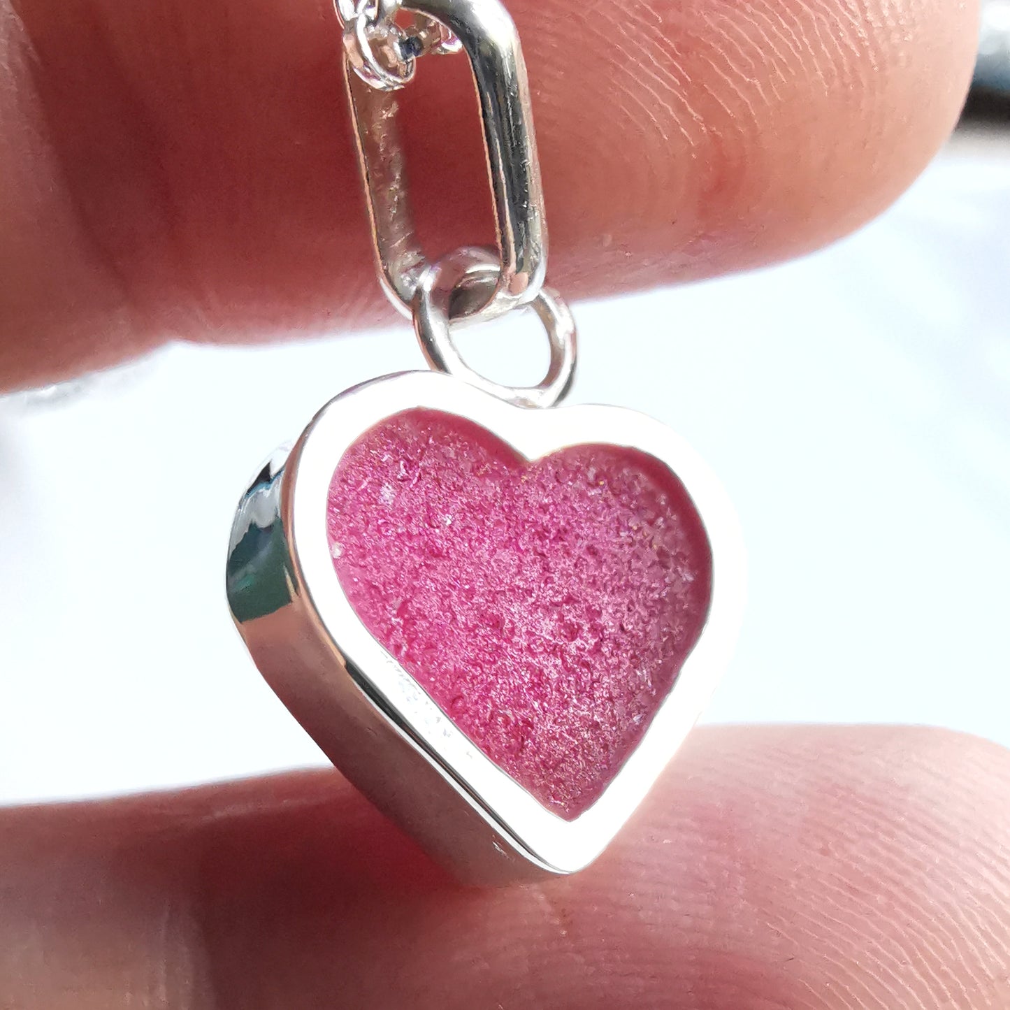 Magenta pink sea glass heart & sterling silver pendant.