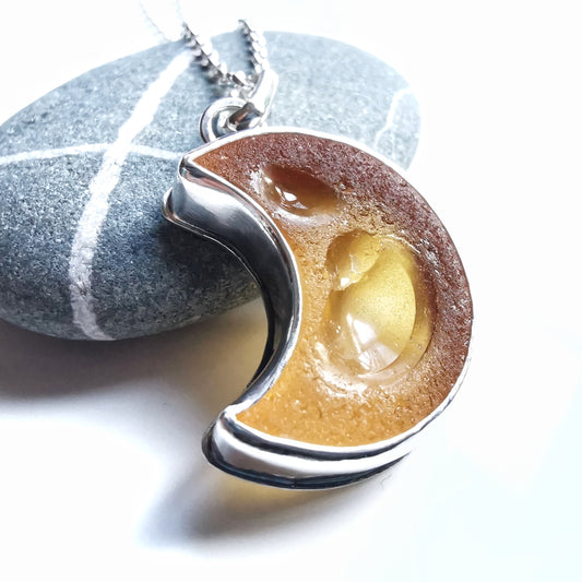 Scottish yellow crescent moon sea glass & sterling silver pendant.