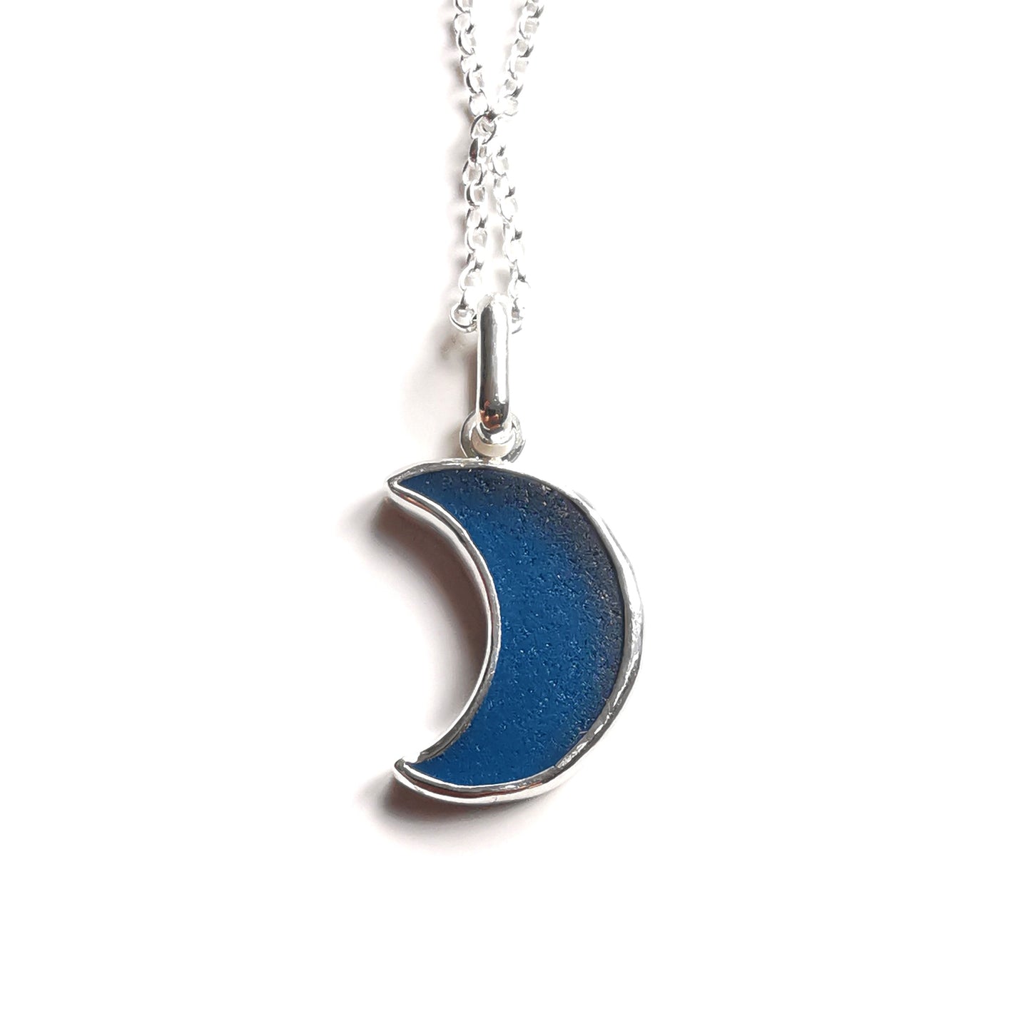 Scottish teal blue crescent moon sea glass & sterling silver pendant.