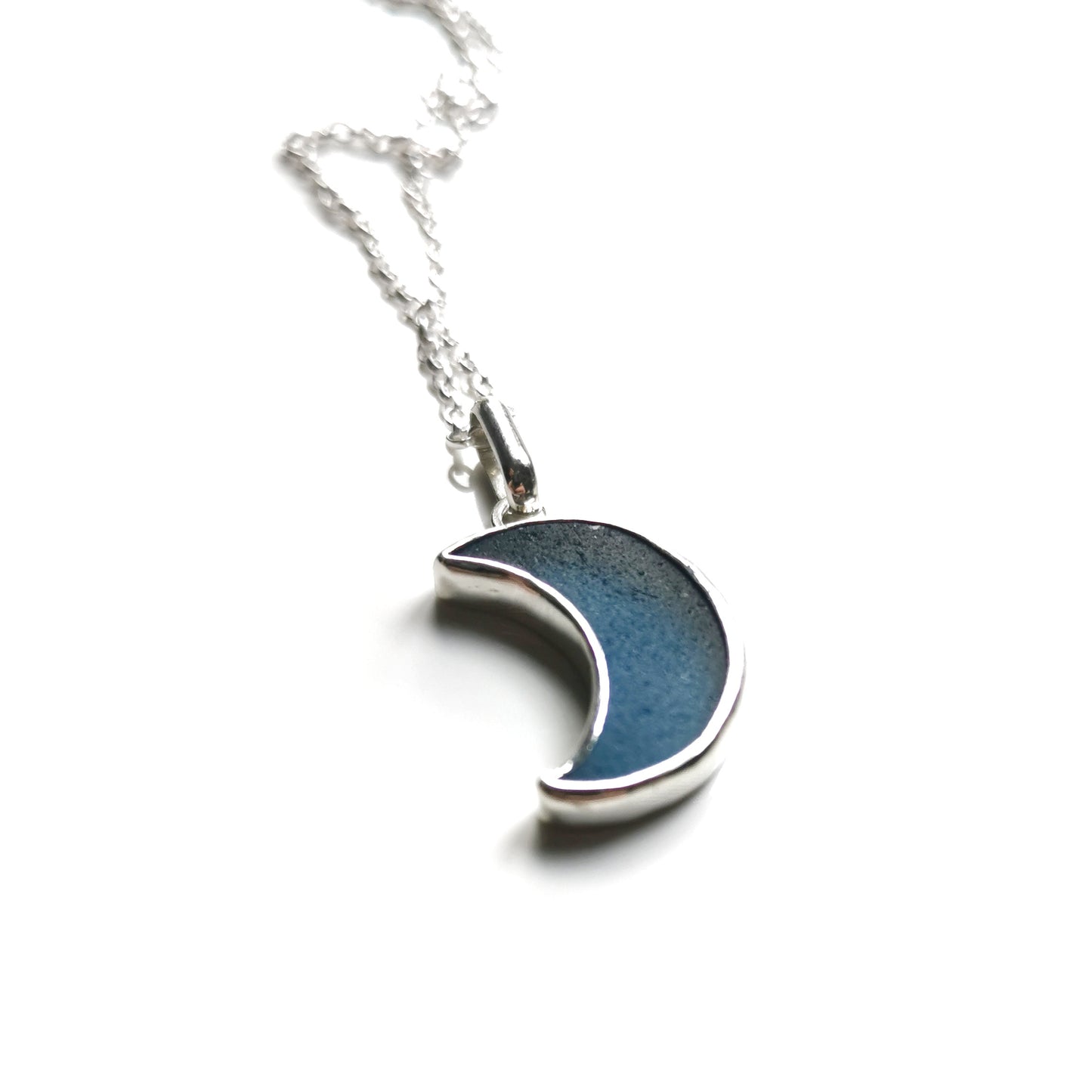 Scottish teal blue crescent moon sea glass & sterling silver pendant.