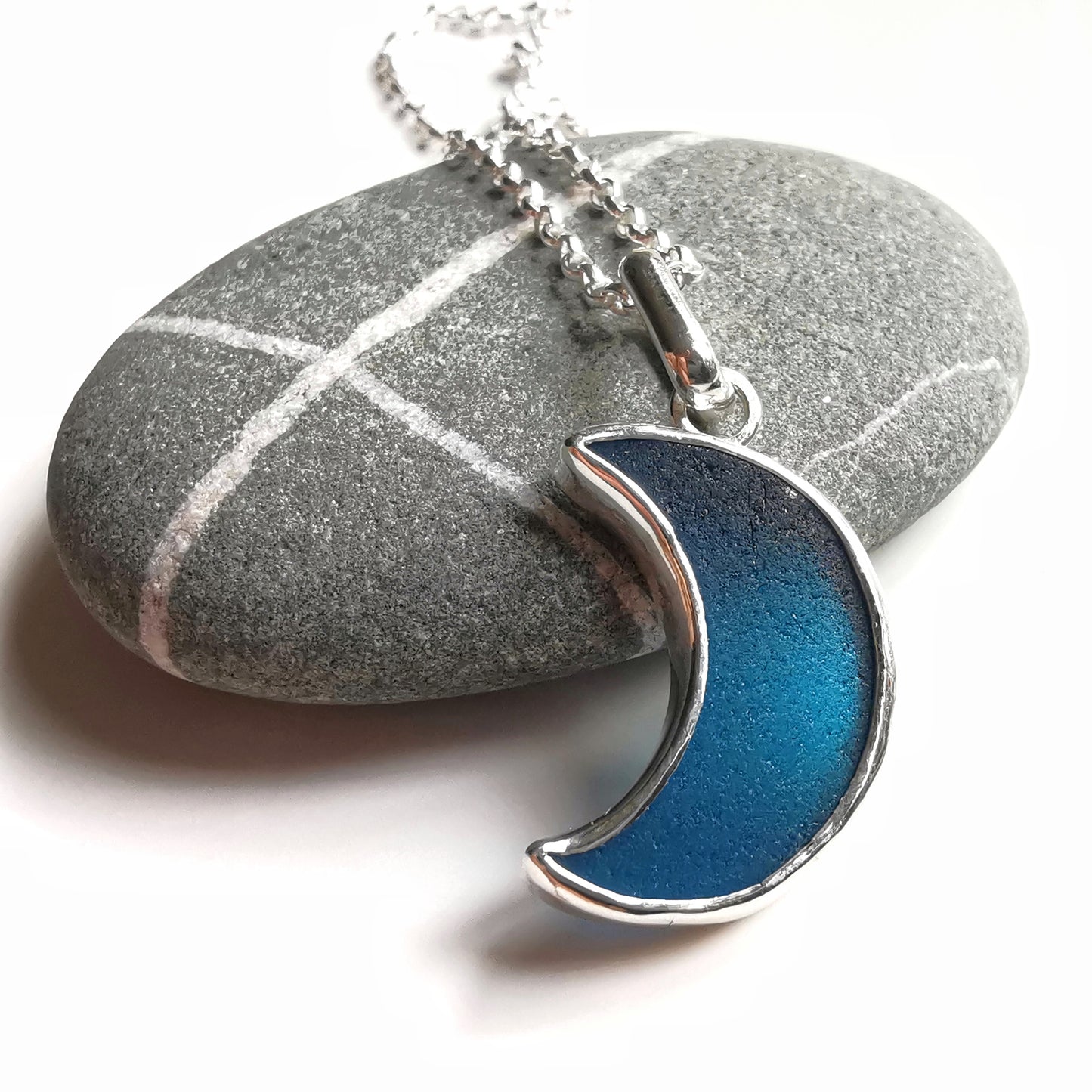 Scottish teal blue crescent moon sea glass & sterling silver pendant.