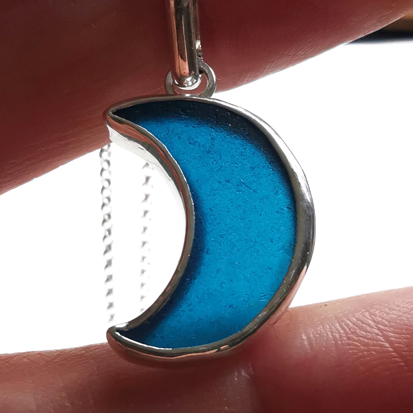 Scottish teal blue crescent moon sea glass & sterling silver pendant.