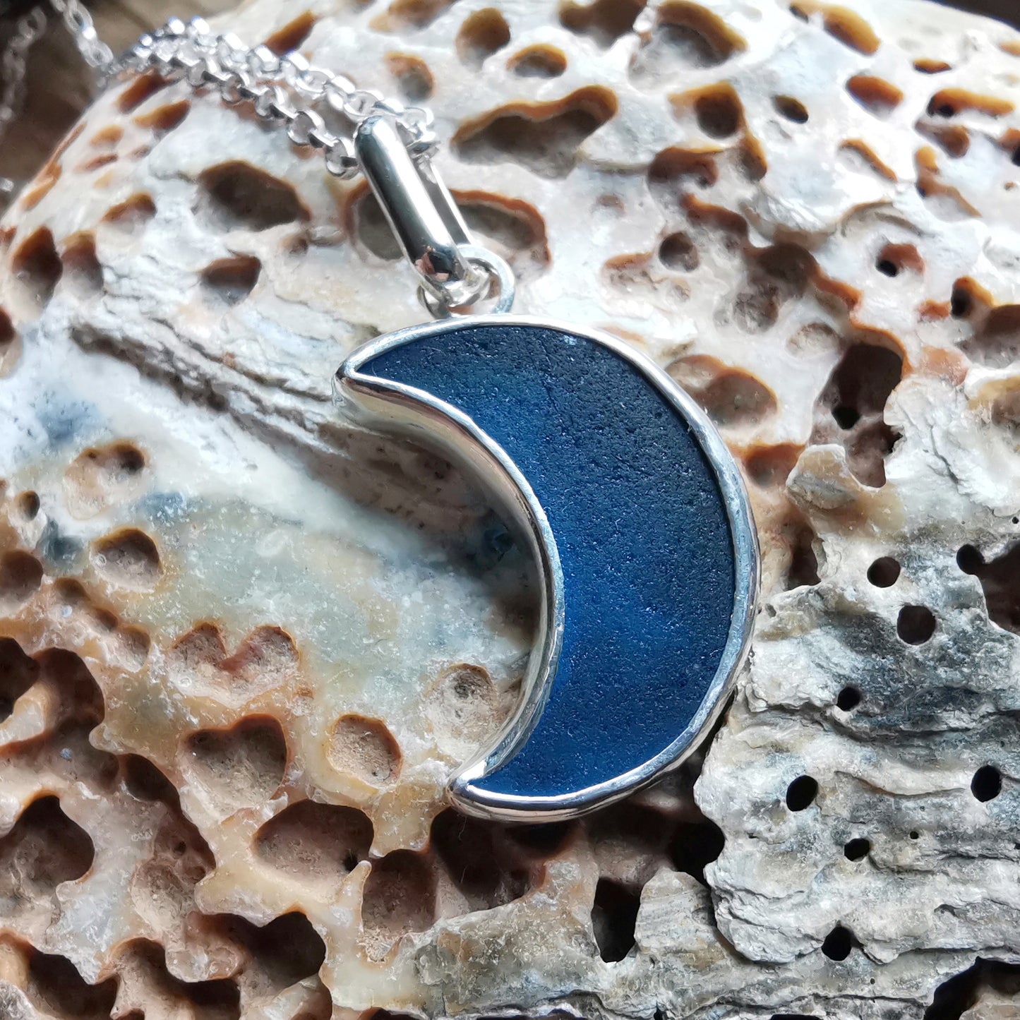 Scottish teal blue crescent moon sea glass & sterling silver pendant.