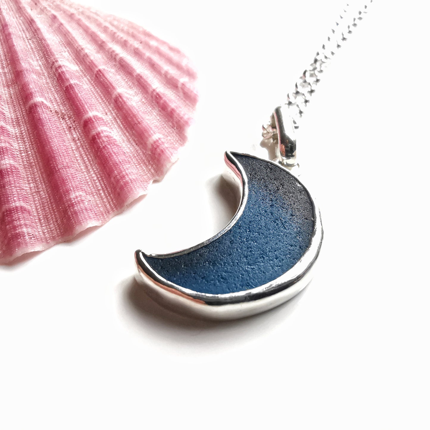 Scottish teal blue crescent moon sea glass & sterling silver pendant.