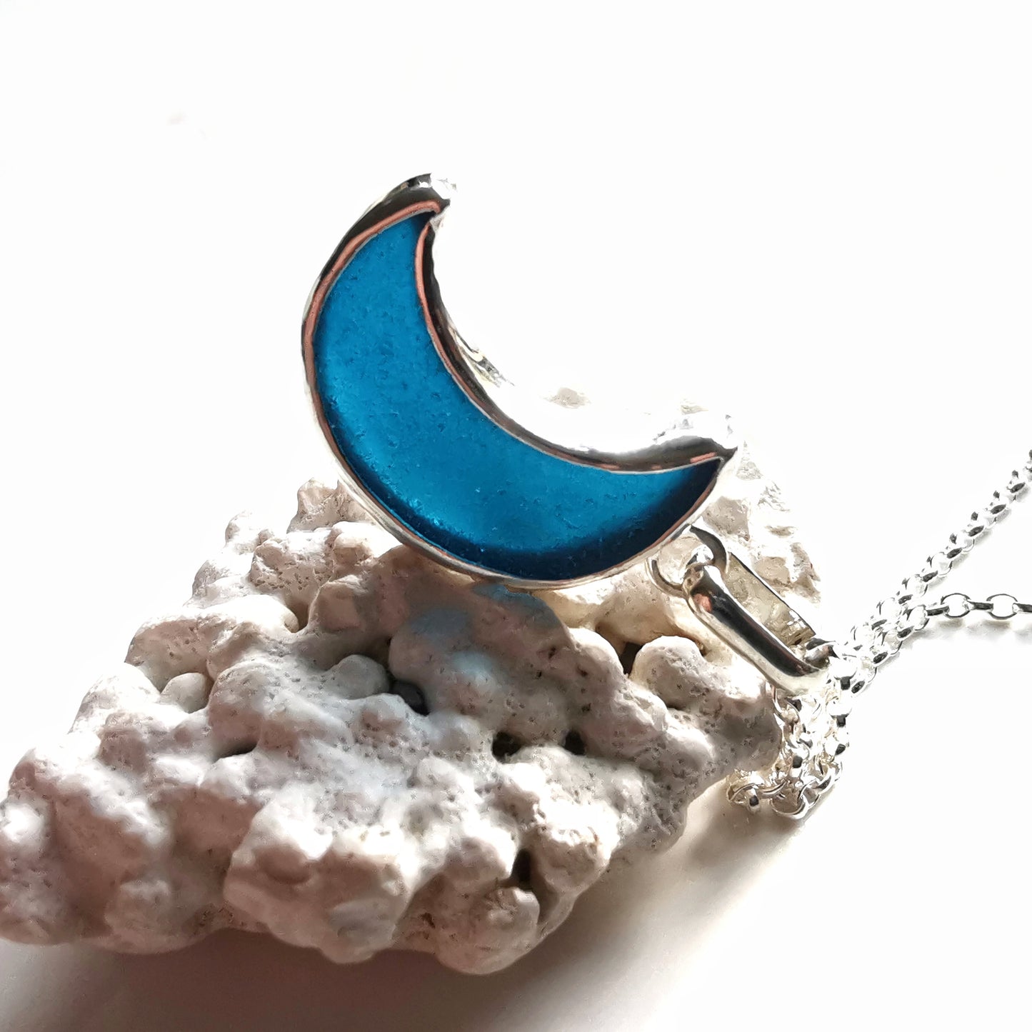 Scottish teal blue crescent moon sea glass & sterling silver pendant.