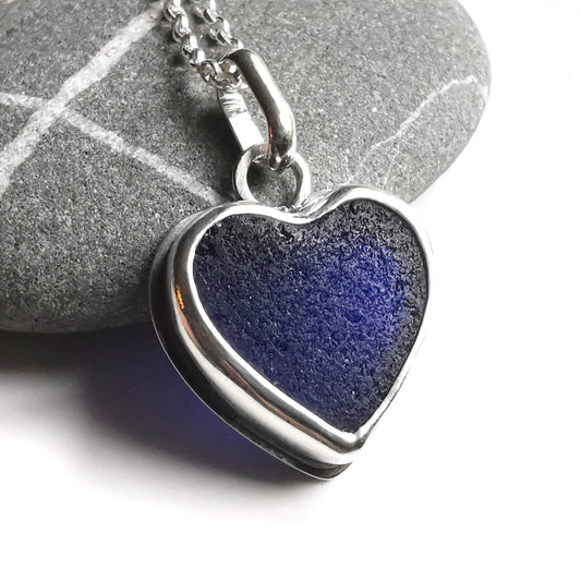 Scottish cobalt blue sea glass heart & sterling silver pendant.