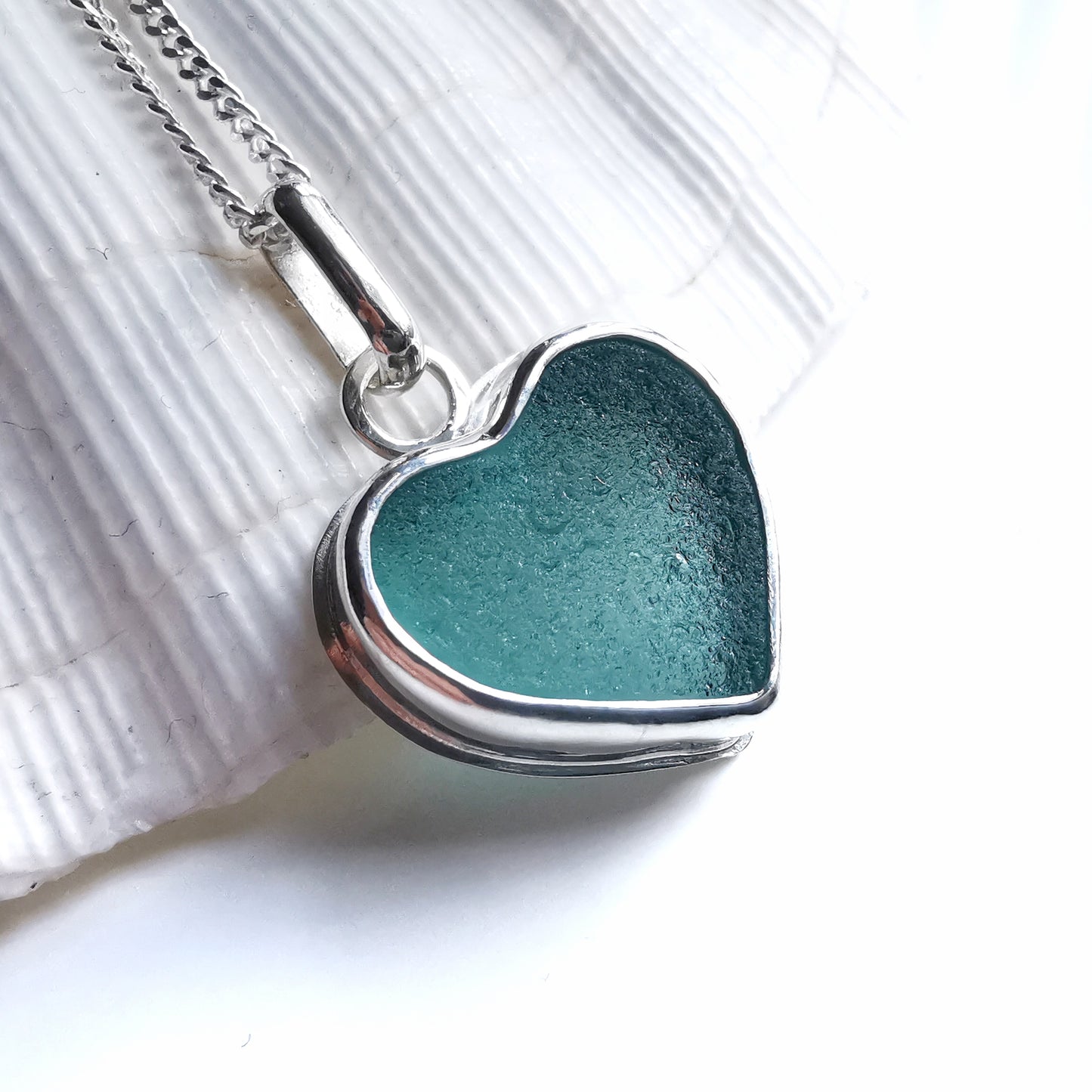 Scottish teal sea glass heart & sterling silver pendant.