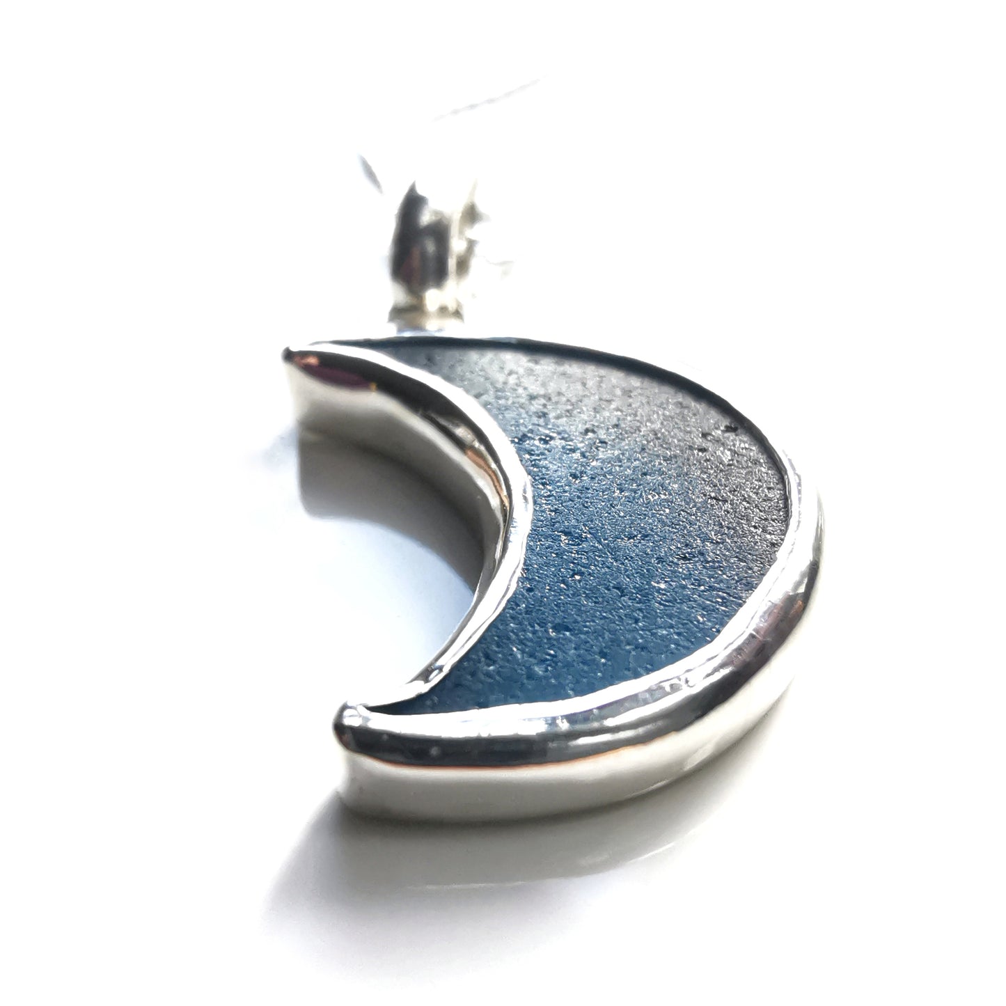 Reserved. Scottish teal blue crescent moon sea glass & sterling silver pendant.