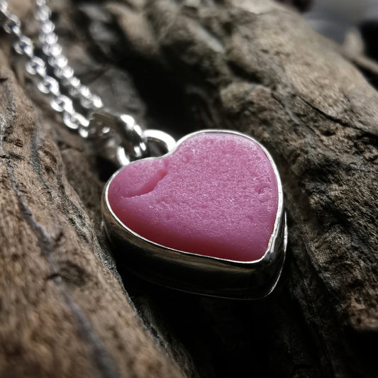 Scottish pink sea glass heart & sterling silver pendant.