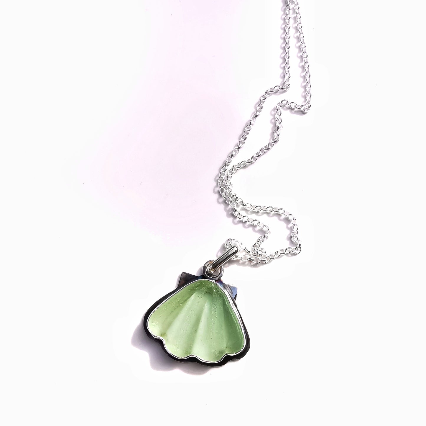 Scottish green sea glass shell & sterling silver pendant.