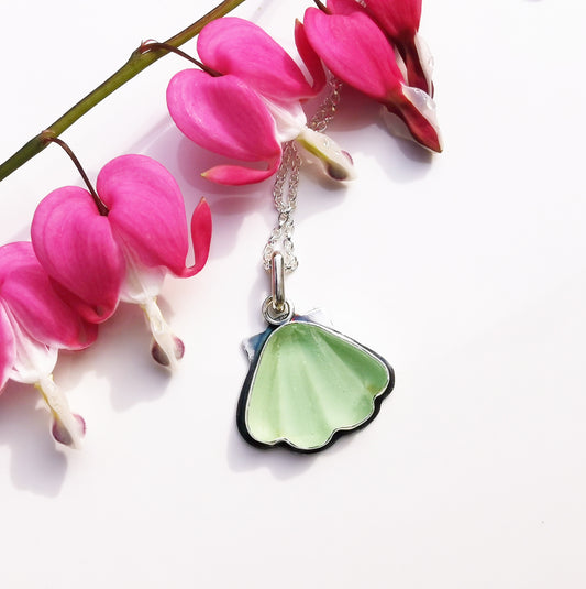 Scottish green sea glass shell & sterling silver pendant.