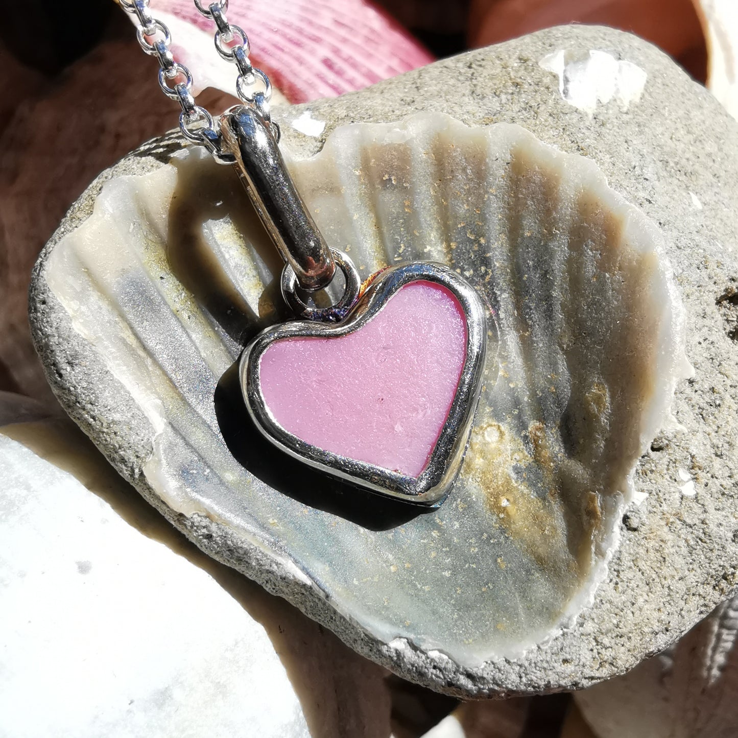 Scottish pink sea glass heart & sterling silver pendant.