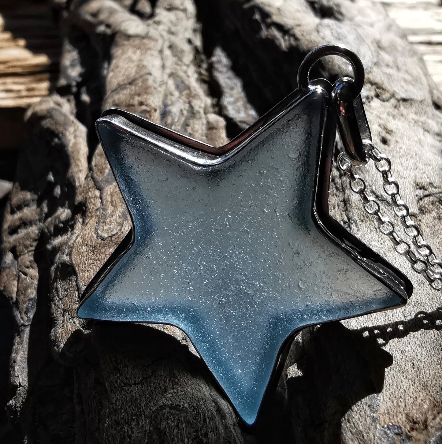 Scottish blue sea glass star & sterling silver pendant.