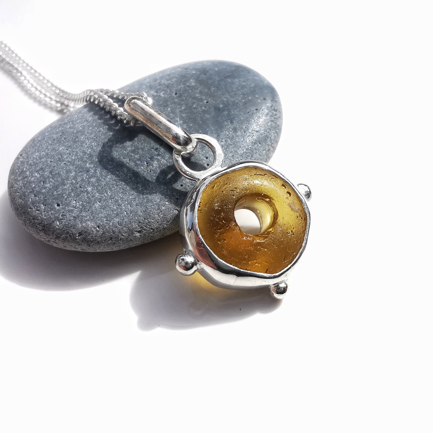 Scottish honey yellow sea glass bead & sterling silver pendant.