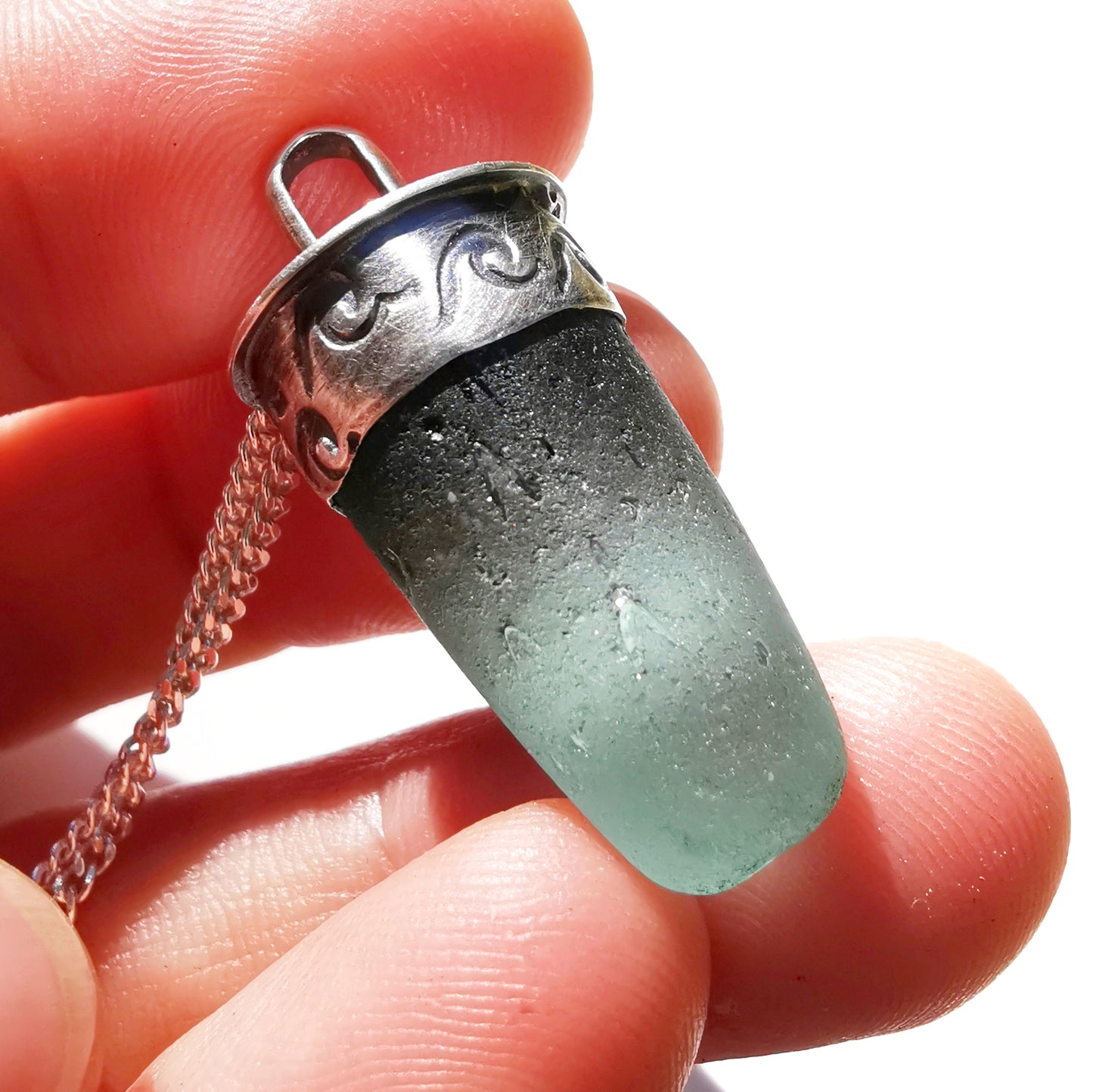 Scottish teal sea glass stopper stem & sterling silver pendant.