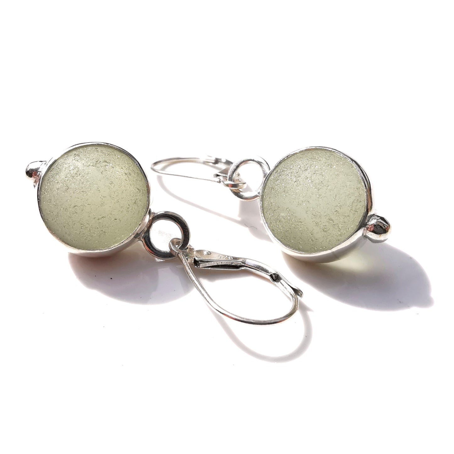 Genuine Scottish green sea glass marbles and sterling silver earrings.