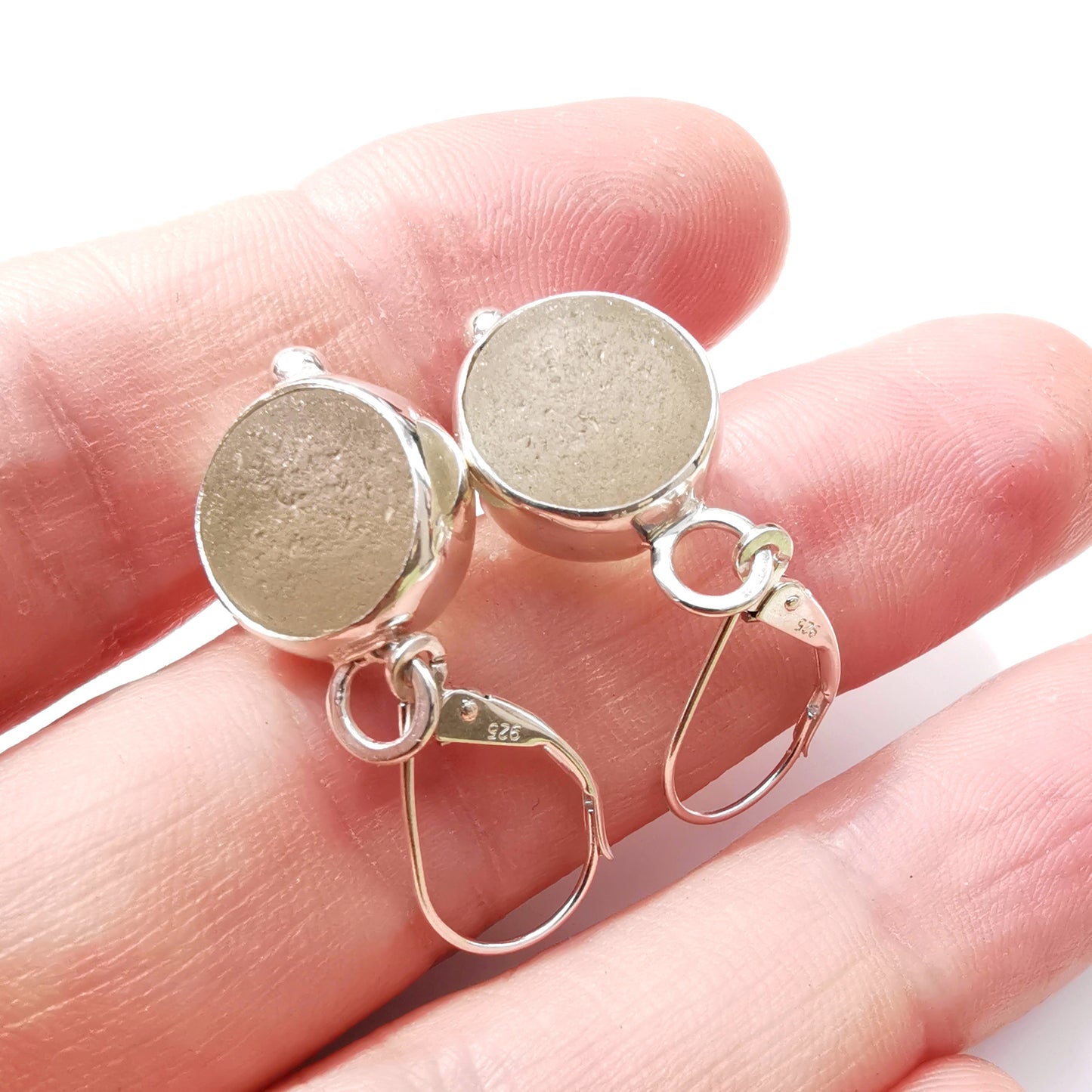 Genuine Scottish green sea glass marbles and sterling silver earrings.