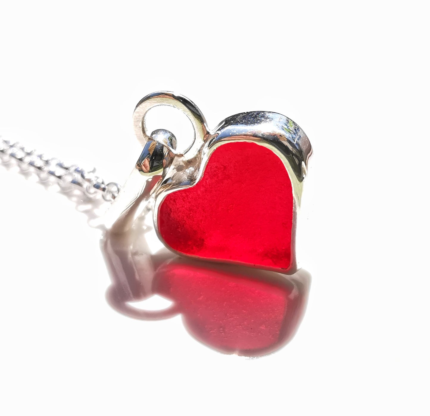 Scottish red sea glass heart & sterling silver pendant.