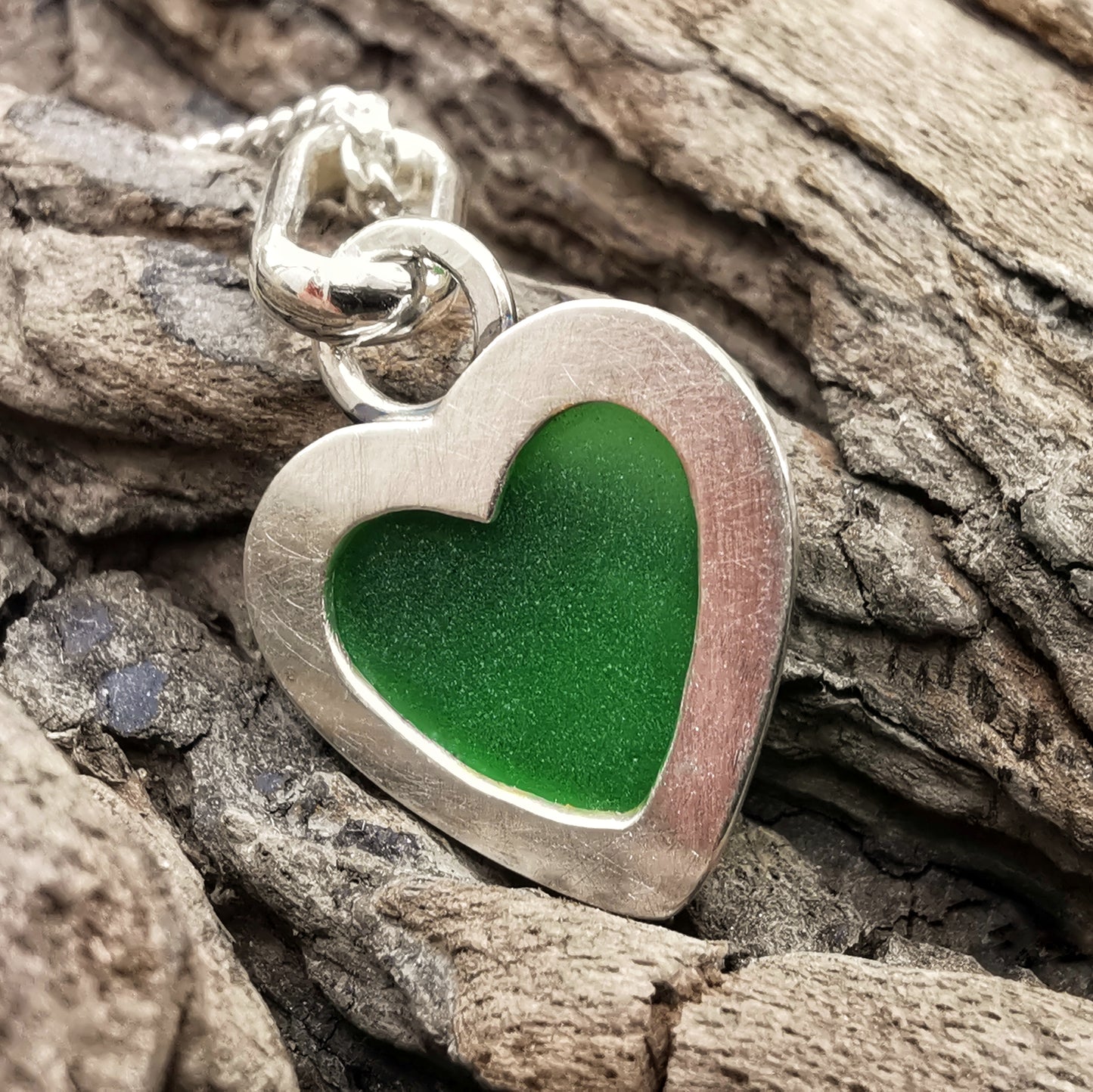 Scottish green sea glass heart & sterling silver pendant.