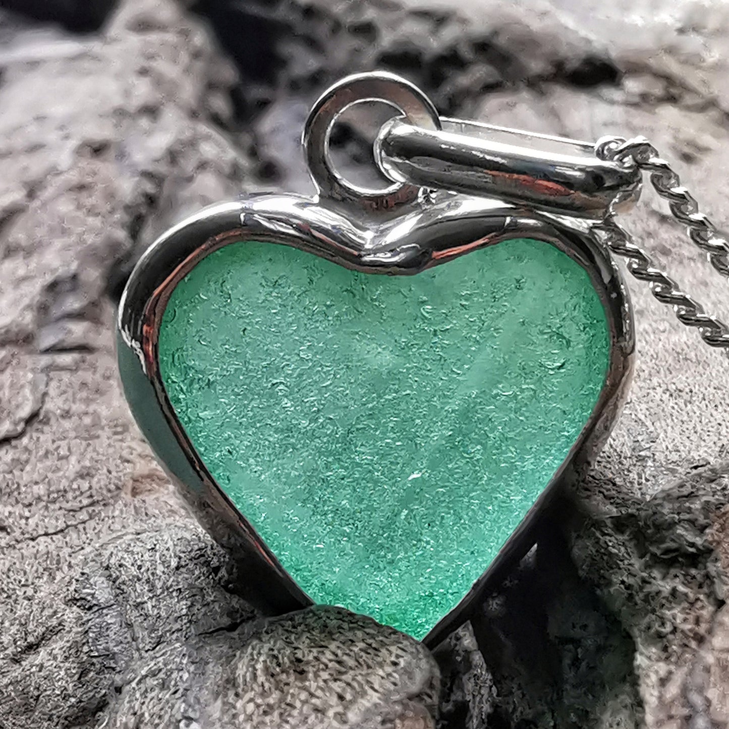 Scottish teal sea glass heart & sterling silver pendant.