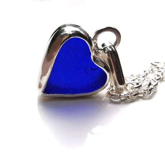 Scottish cobalt blue sea glass heart & sterling silver pendant.