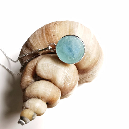 Aqua blue sea glass marble & sterling silver pendant.