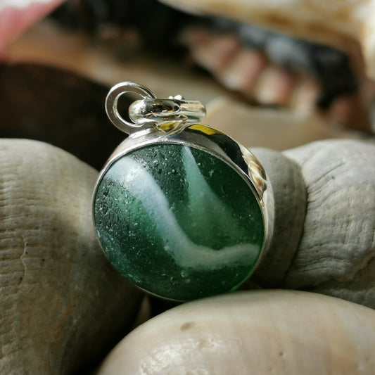 Scottish green sea glass marble & sterling silver pendant.